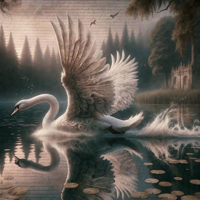 The primary subject of the image is a white swan with its wings spread, gracefully floating on a body of water. The setting is a serene, natural environment with trees in the background. The visual style is a digital art or illustration, creating a sense of depth and beauty. The colors are predominantly white and gray, with the swan's feathers and the water's surface reflecting the light, creating a calm and peaceful atmosphere.